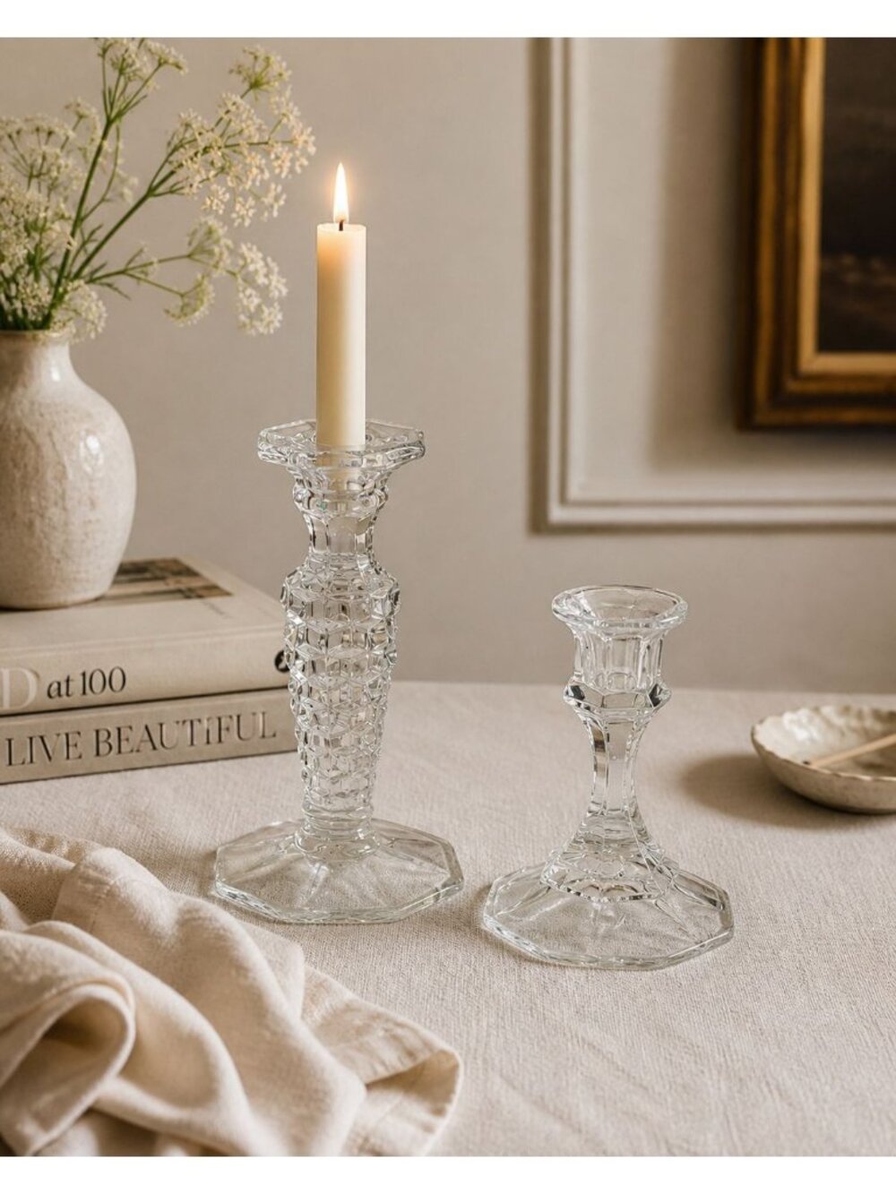 Vintage Glass Candlestick Set, Mismatched Clear Pressed Glass Candle Holders